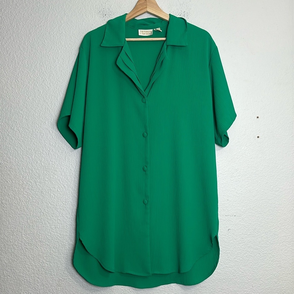 Victoria's Secret Gold Label Top Green Short Sleeve‎ Button Down Gauzy READ